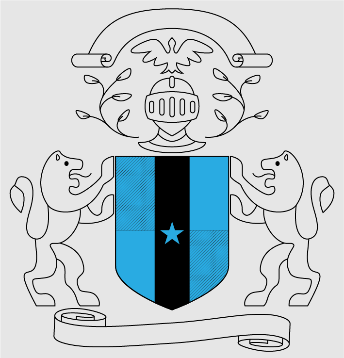 A heraldic crest with a traditional shield and helm, ribbons at the top and bottom, and lion supporters on either side